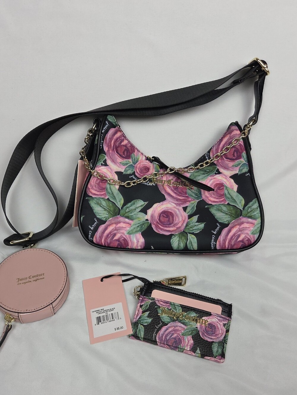 Juicy Couture 3 Piece Set Moody Garden Black Chains In Love Bag Floral Gold New